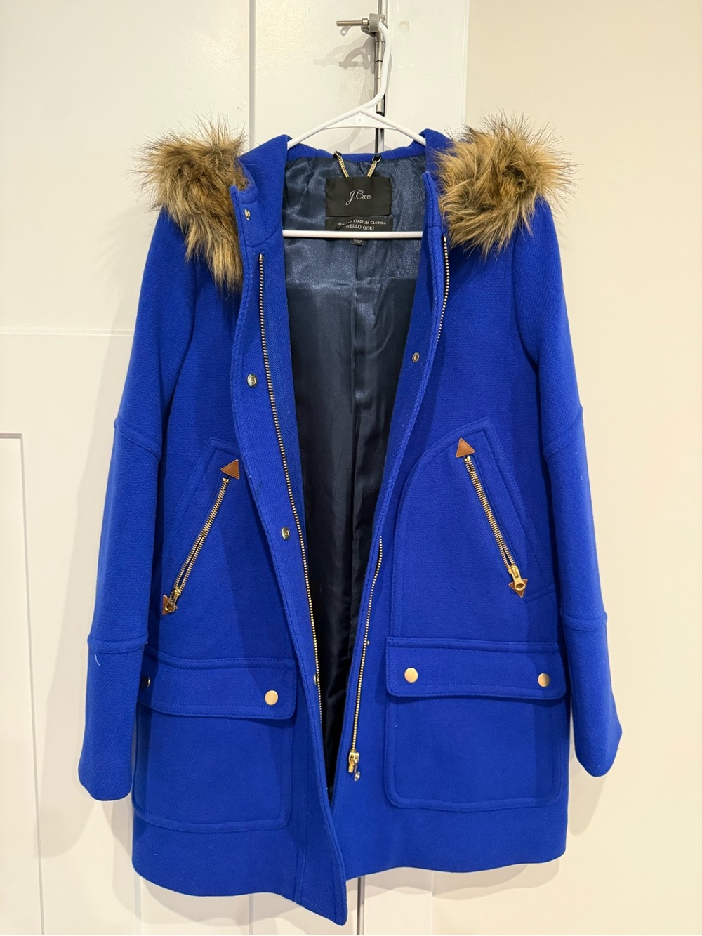 J. Crew Royal Blue Hooded Puffer Coat with Faux Fur Trim